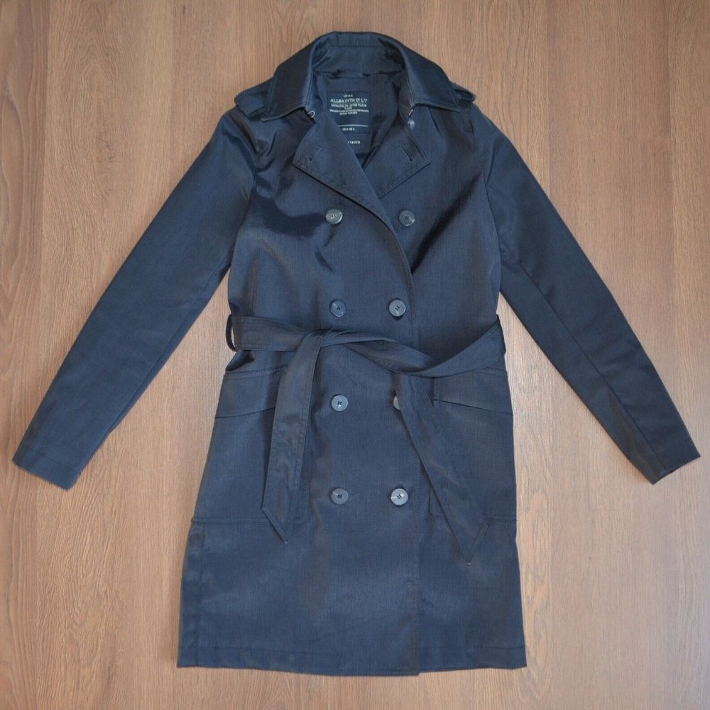 All Saints Double Breasted Long Black Coat Rain Jacket sz UK 6 / US 2 / XS-S